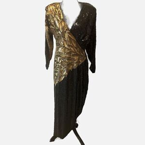 VTG Beaded Gown Dress 100% Silk Med 90s Black Gold Ruched V Neck Mob Wife Disco